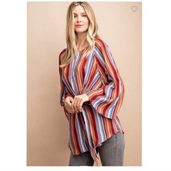 KORI BOHO Tie Detail Mocha Striped Tunic - Picture 5 of 16